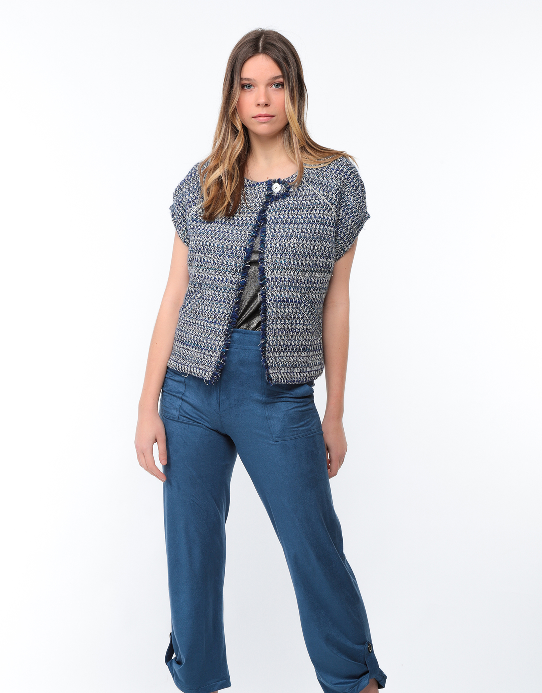 Short sleeve jacket in blue and white tweed 